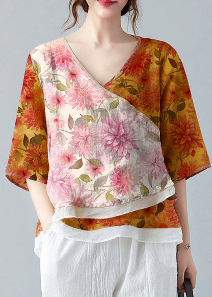 French White Bamboo V Neck Asymmetrical Design Shirt Spring