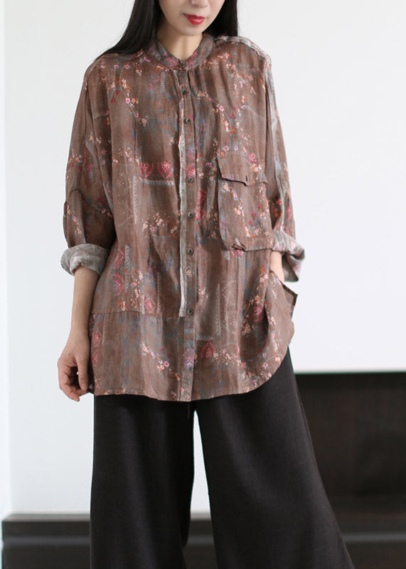 Loose Blue O-neck Print Button Pockets Linen Tops Long Sleeve