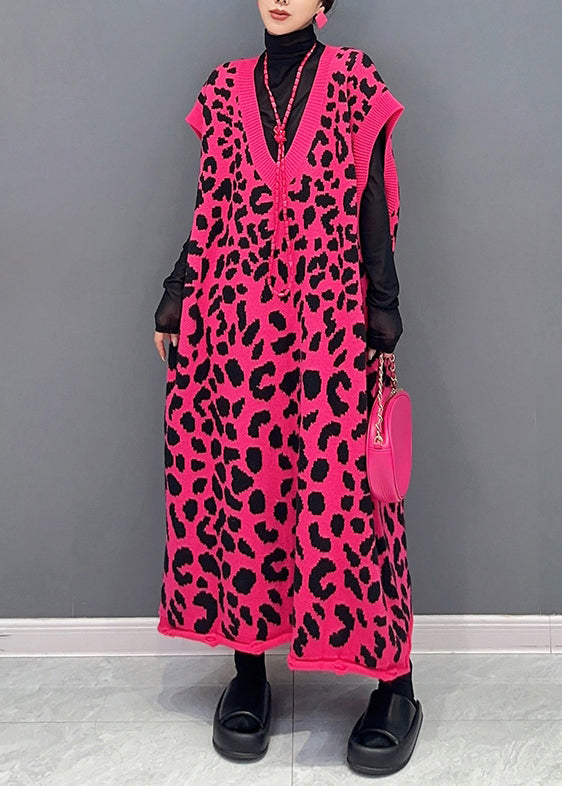Rose Leopard V Neck Cotton Knit Waistcoat Long Dresses Sleeveless