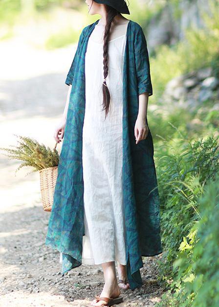 Natural V Neck Spring Quilting Clothes Blue Green Print Long Dresses
