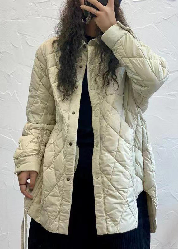 Grey Peter Pan Collar Lace Up Patchwork Duck Down Coat Winter