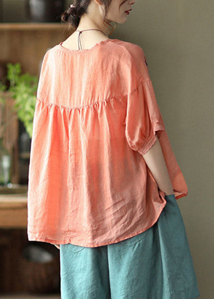 Orange O-neck Embroideried Linen Tops Half Sleeve