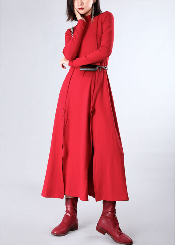 Italian Red Stand Patchwork Asymmetrical Design Fall Dresses Long Sleeve