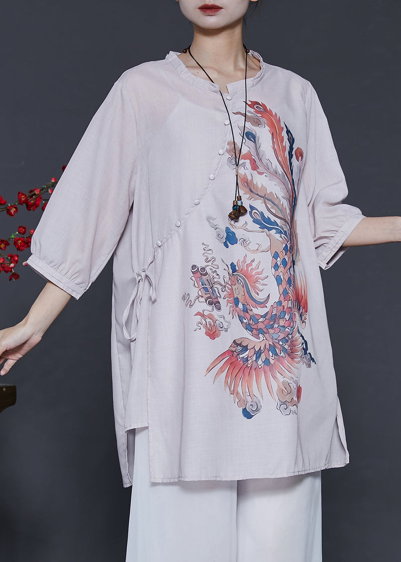 Art Beige Phoenix Print Linen Blouses Bracelet Sleeve