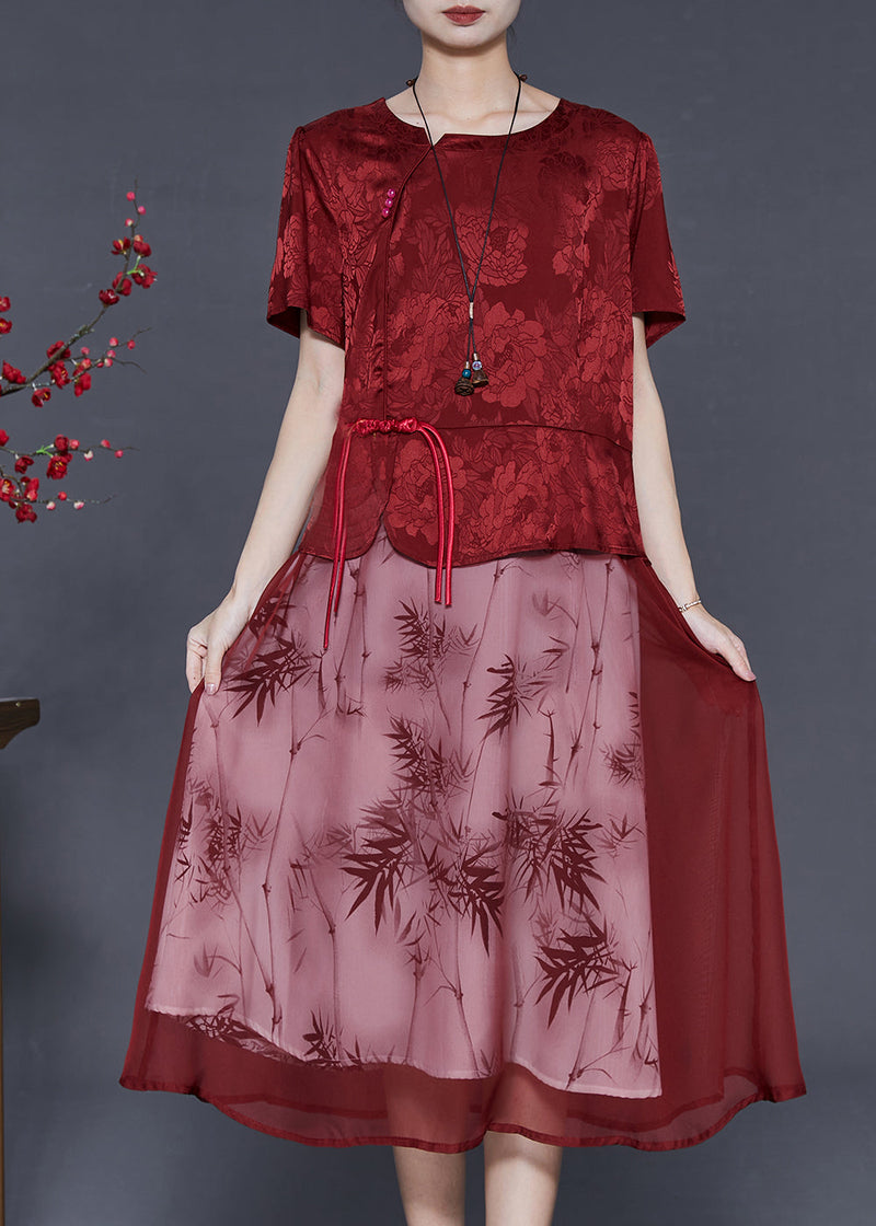 Red Tasseled Patchwork Jacquard Silk Dress Summer