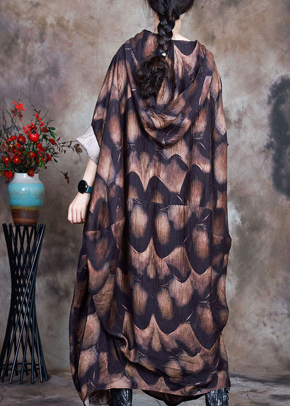 Natural Chocolate Hooded Button Print Asymmetrical Design Fall Dress Long Sleeve