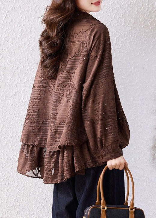 Brown Oversized Jacquard Chiffon Blouse Top Fall