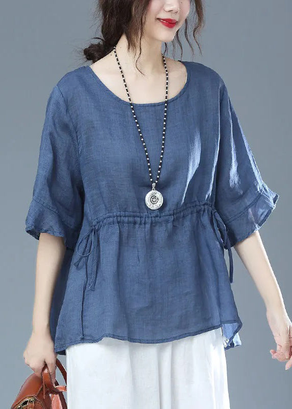 Orange O Neck Drawstring Patchwork Cotton T Shirt Half Sleeve