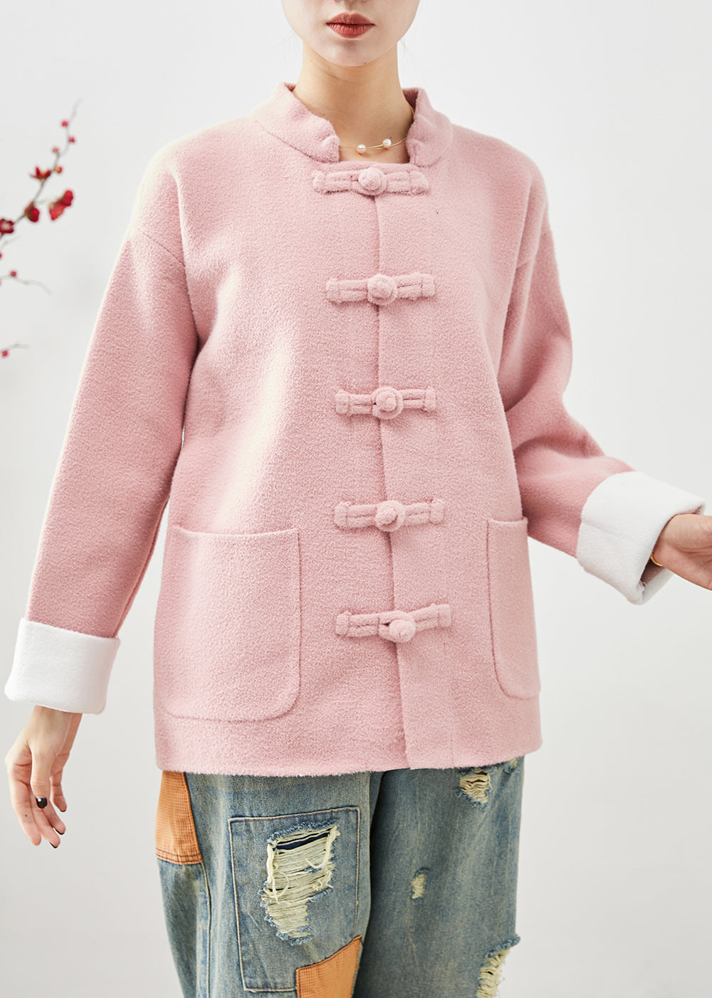 Pink Mandarin Collar Chinese Button Pockets Woolen Coats Fall