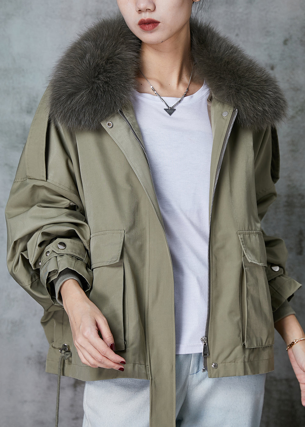 Green Fox Collar Fuzzy Rabbit Hair Lined Drawstring Coats Spring