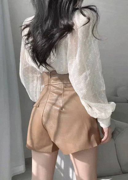 Beige Lace Button Cotton Shirts Puff Sleeve