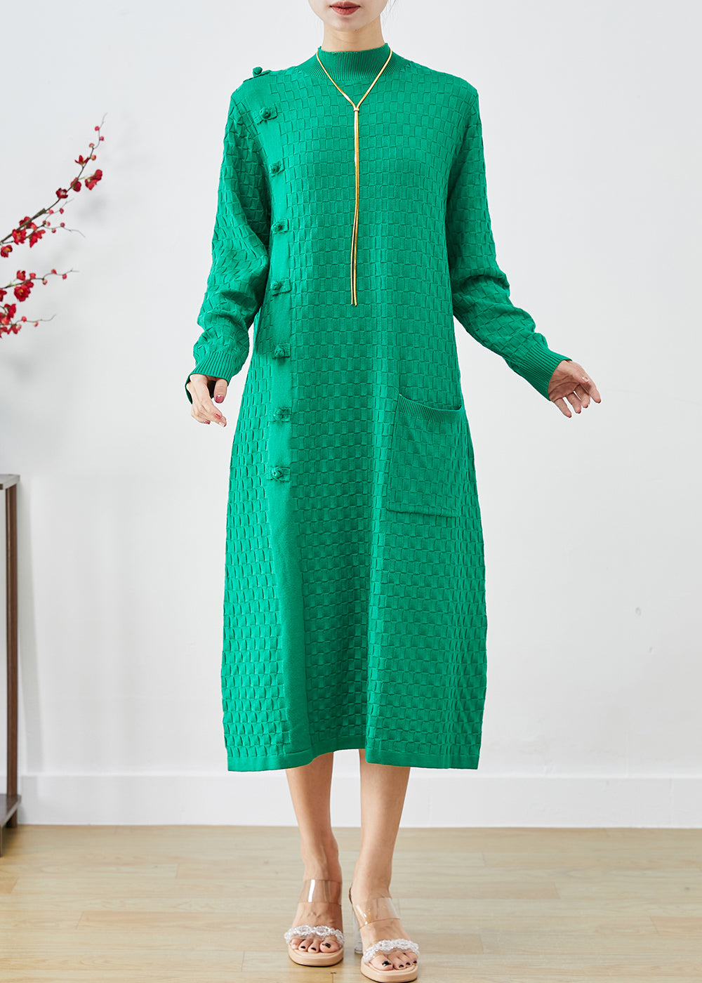 Green Plaid Chinese Button Knitwear Dress Winter