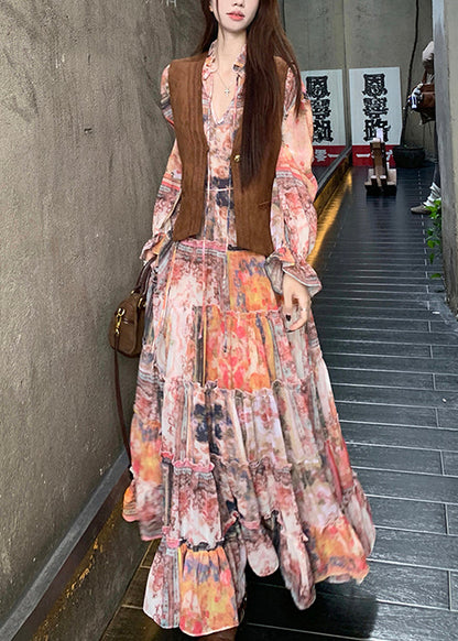 Brown Faux Suede Waistcoat and Ruffled Dress Two-piece Set Spring