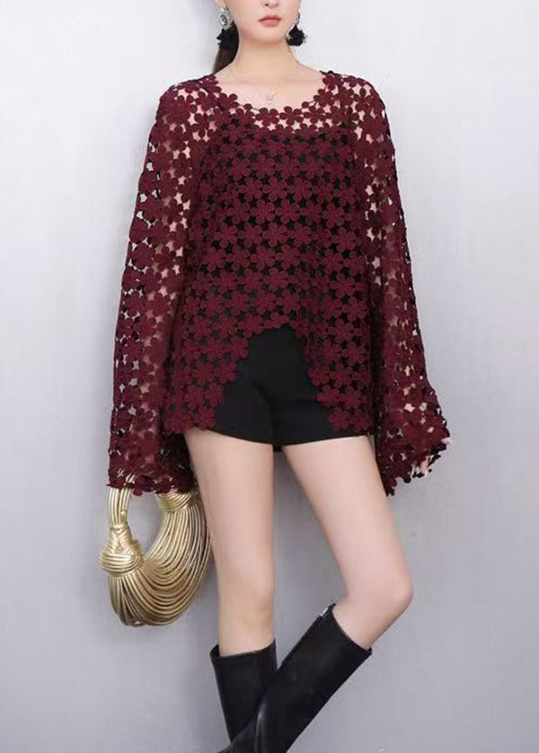 Wine Red Lace Top Flare Sleeves