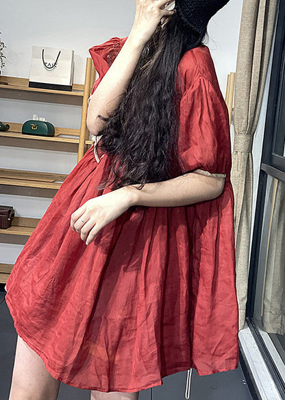 Red Wrinkled Patchwork Mid Dress Summer