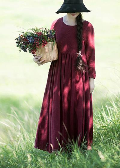 Wine Red O-neck Patchwork Spring Dresses