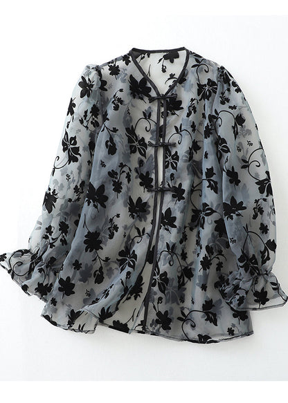 Loose Grey Print Chinese Button Tulle Upf 50+ Tops Summer