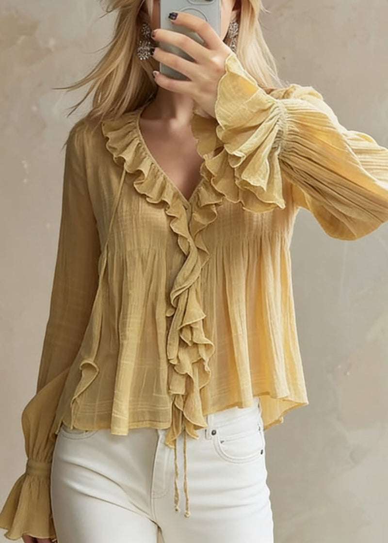 Original Design Yellow Ruffled Lace Up Cotton Blouse Flare Sleeve