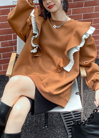 Khaki O-neck Retro Ruffled Patchwork Fall Sweatshirt Street Wear