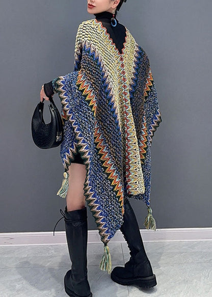 Diy Pink Striped Patchwork Tassel Knit Cape Fall