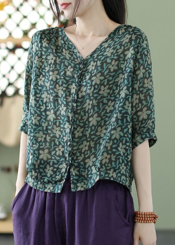 Blue V Neck Button Print Cotton Shirt Summer