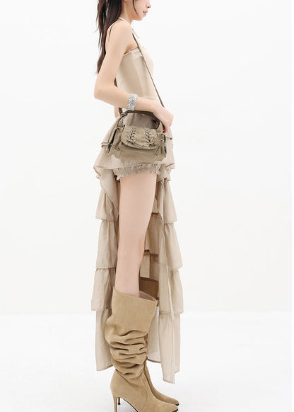 Stylish Apricot Ruffled Asymmetrical Design Strapless Dress Summer