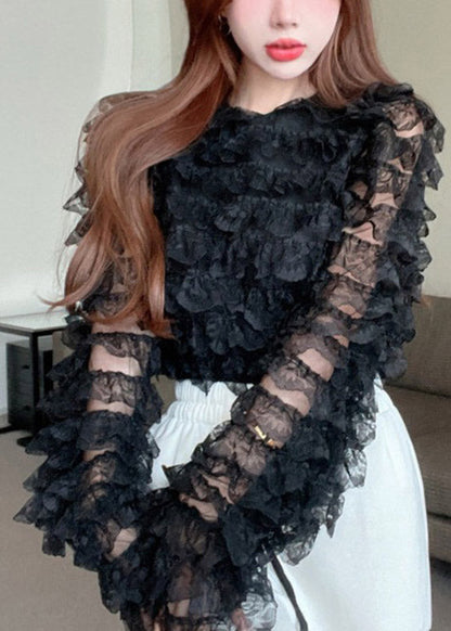 Black O-neck Ruffled Lace Top Long Sleeve