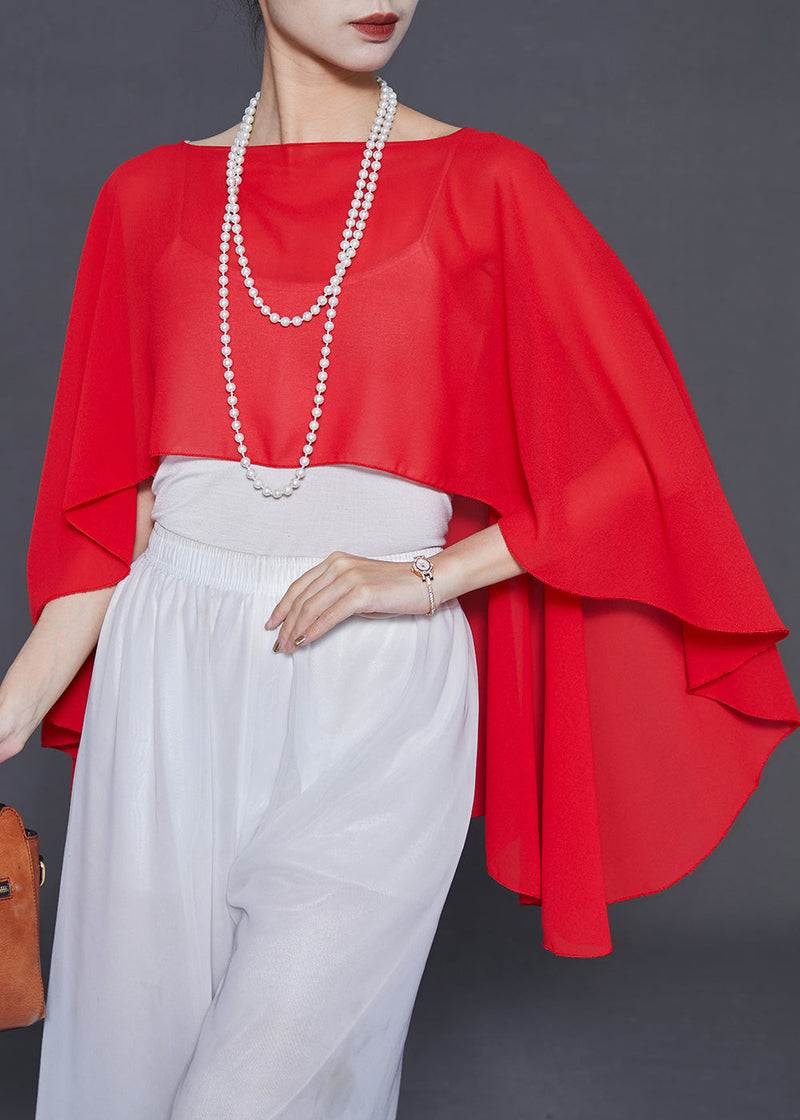 Red Asymmetrical Design Chiffon Tops Summer