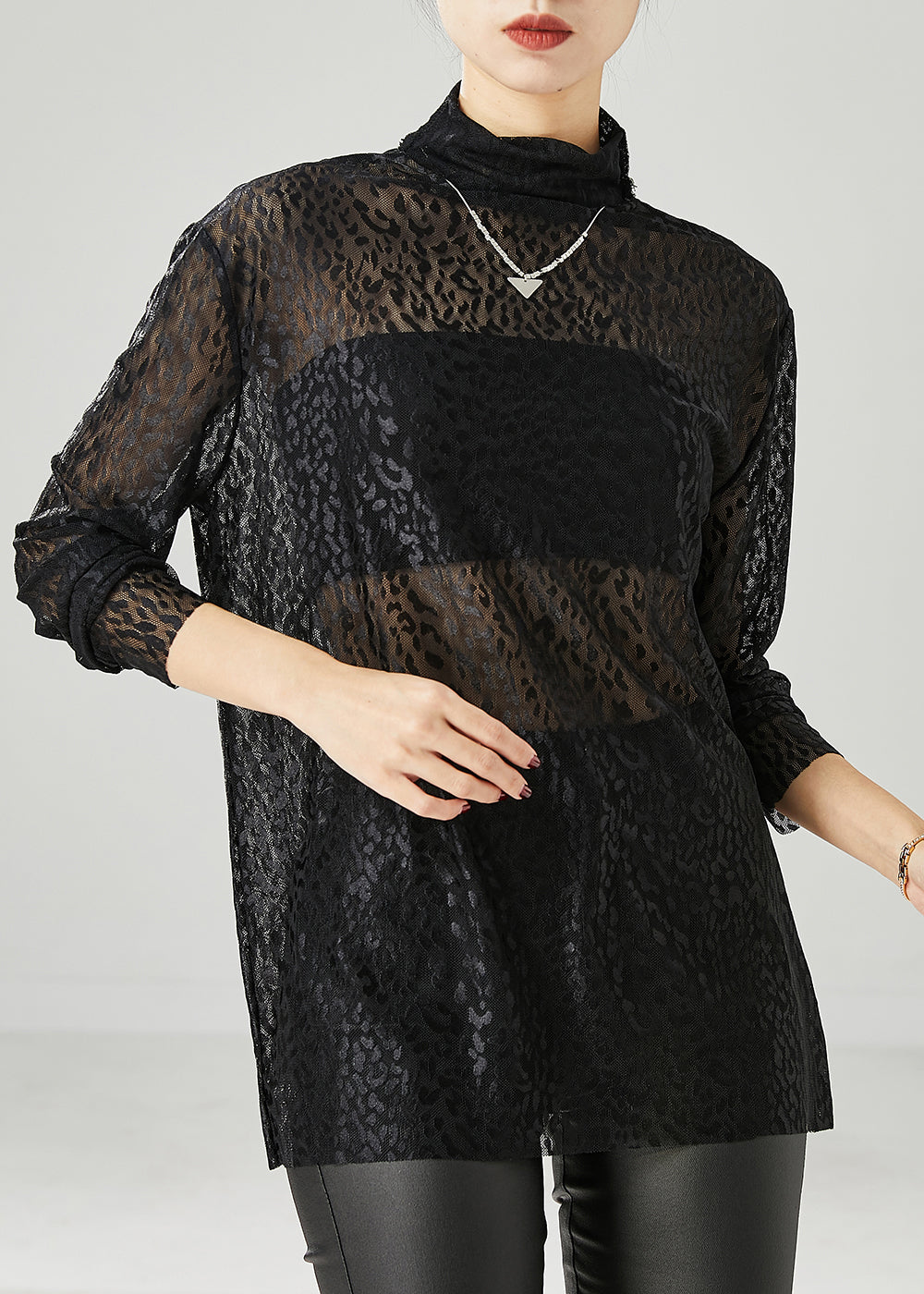 Black Turtle Neck Hollow Out Tulle Top Spring