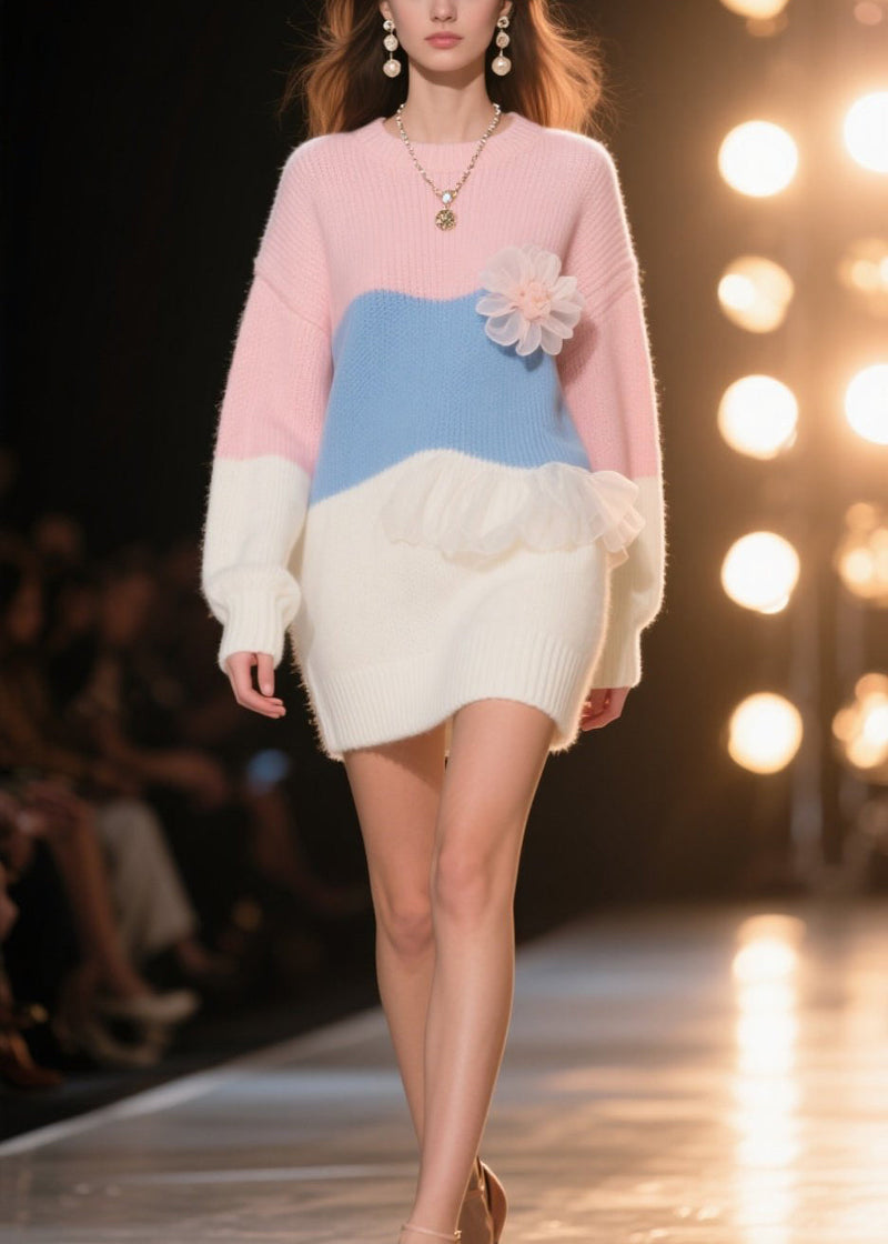 Art Colorblock Ruffled Knit Sweater Dress Winter