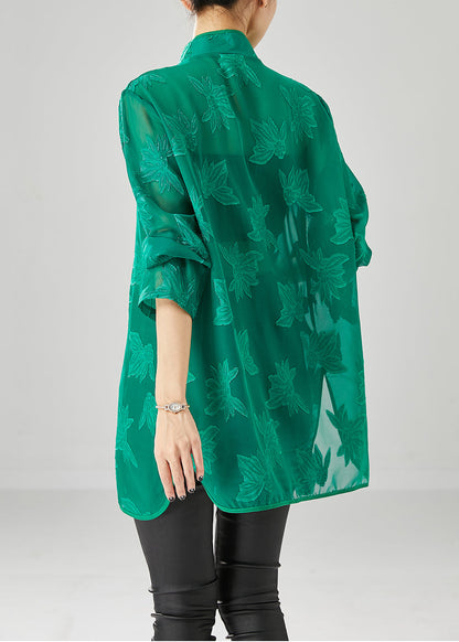 Green Chiffon Upf 50+ Shirts Oversized Chinese Button Fall