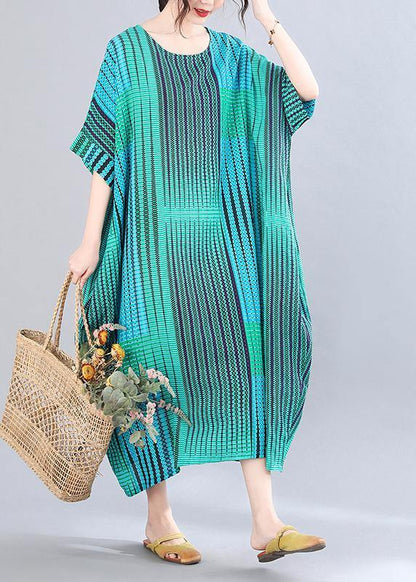 Blue Striped O-neck Short Sleeve Holiday Summer Cotton Dress