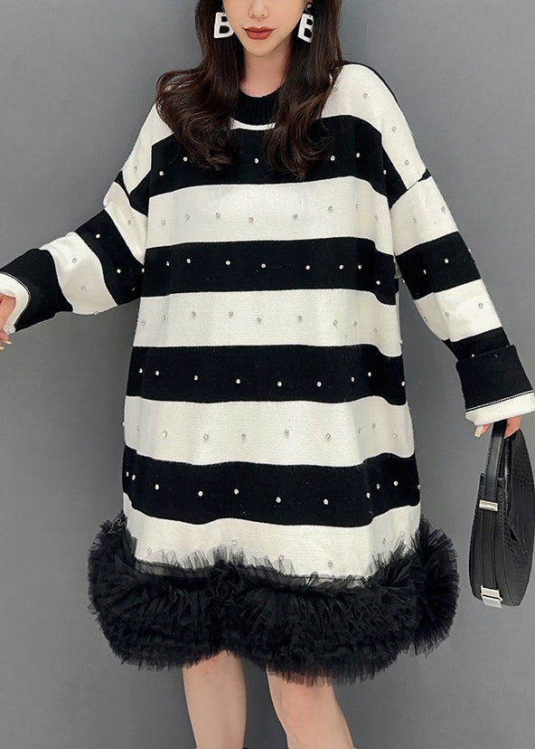 Black Striped Nail Bead Tulle Patchwork Mid Dress Fall