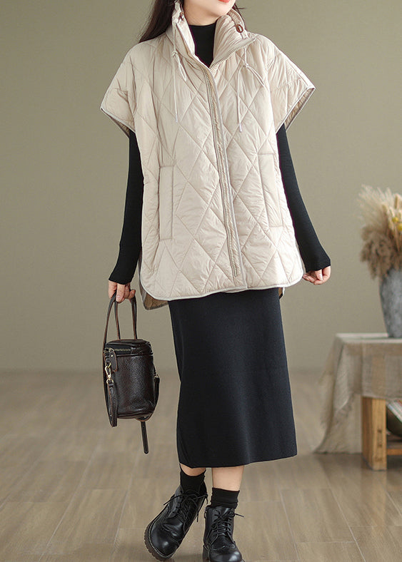 Beige Oversized Drawstring Fine Cotton Filled Puffers Vests Winter