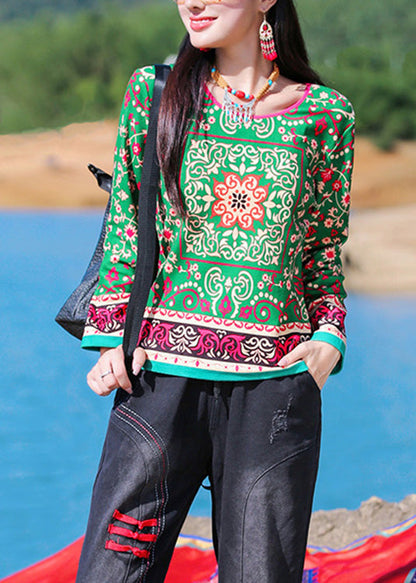 Diy Green O-neck Print Top Long Sleeve
