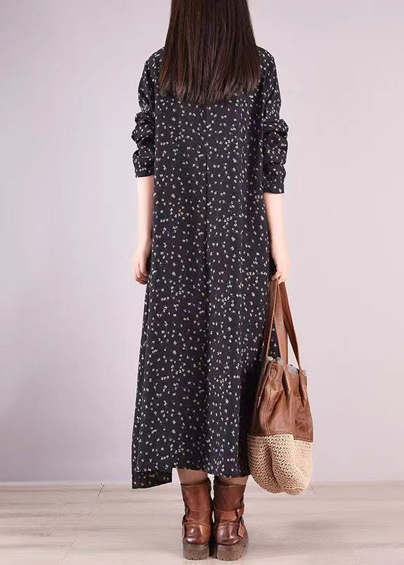 Black Print Pockets Wrinkled Patchwork Cotton Long Dresses Fall
