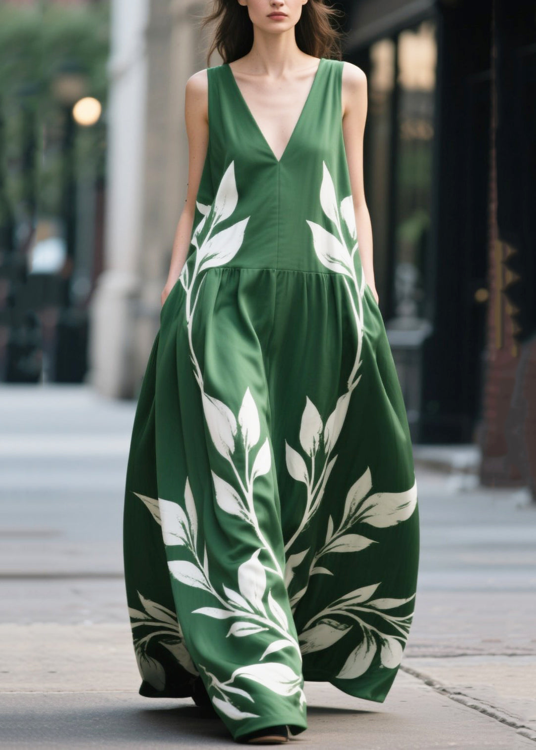 Green Oversized Print Chiffon Maxi Dress Summer