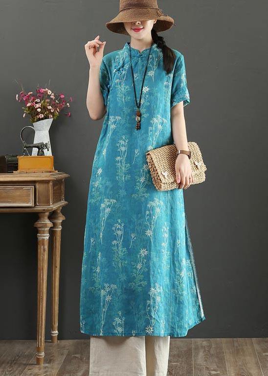 Blue Print Oriental Side Open Long Summer Linen Dress