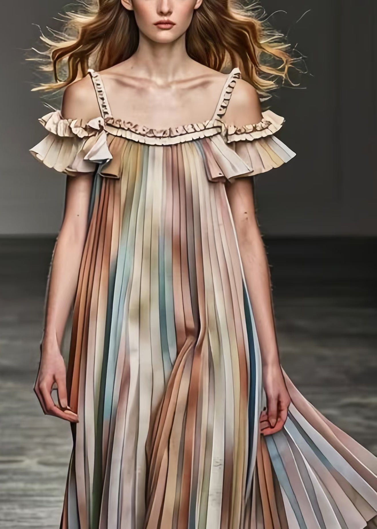 Khaki Cold Shoulder Tie Dye Chiffon Pleated Dress Summer