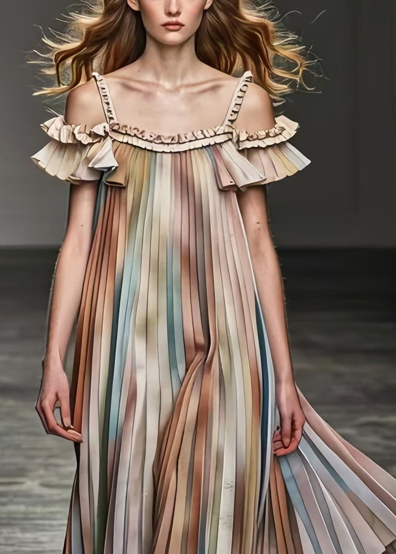 Khaki Cold Shoulder Tie Dye Chiffon Pleated Dress Summer