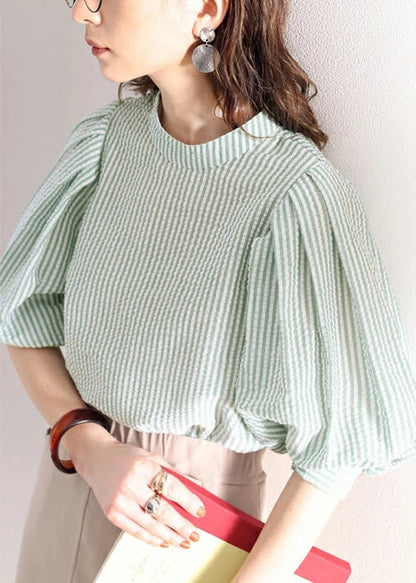 Green Puff Sleeve Striped Cotton Blouses