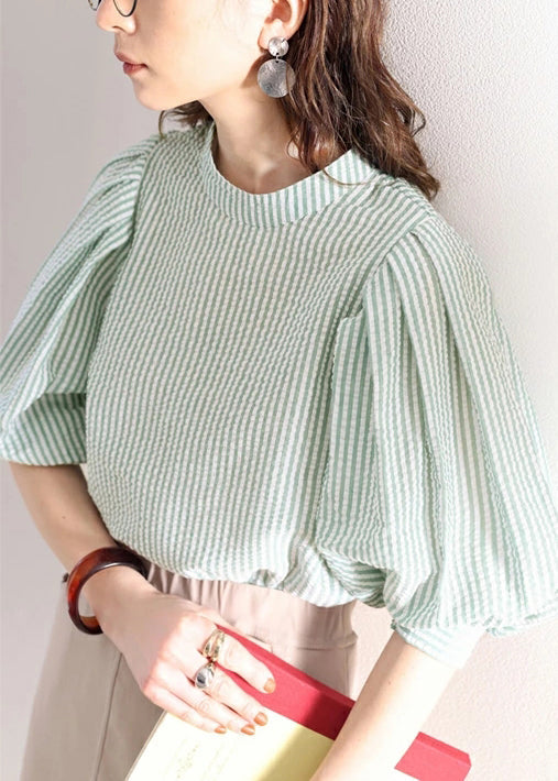 Green Puff Sleeve Striped Cotton Blouses