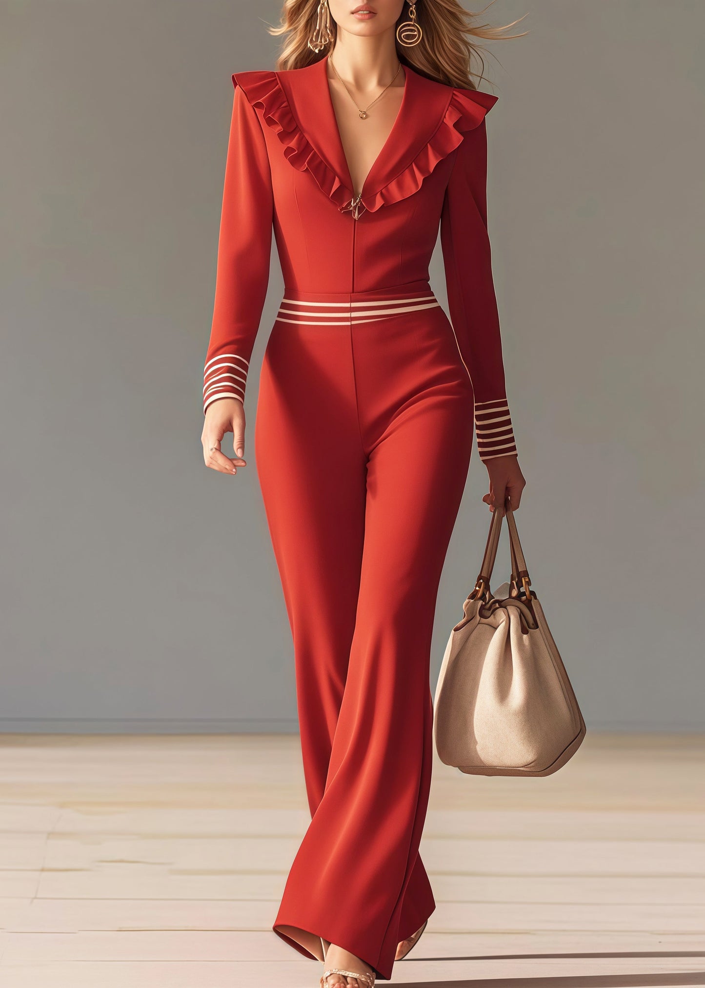 Red Ruffled Patchwork Chiffon Overalls Jumpsuit Spring