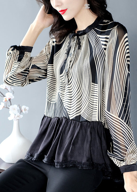 Black Stand Collar Patchwork Striped Button Chiffon Shirts Long Sleeve