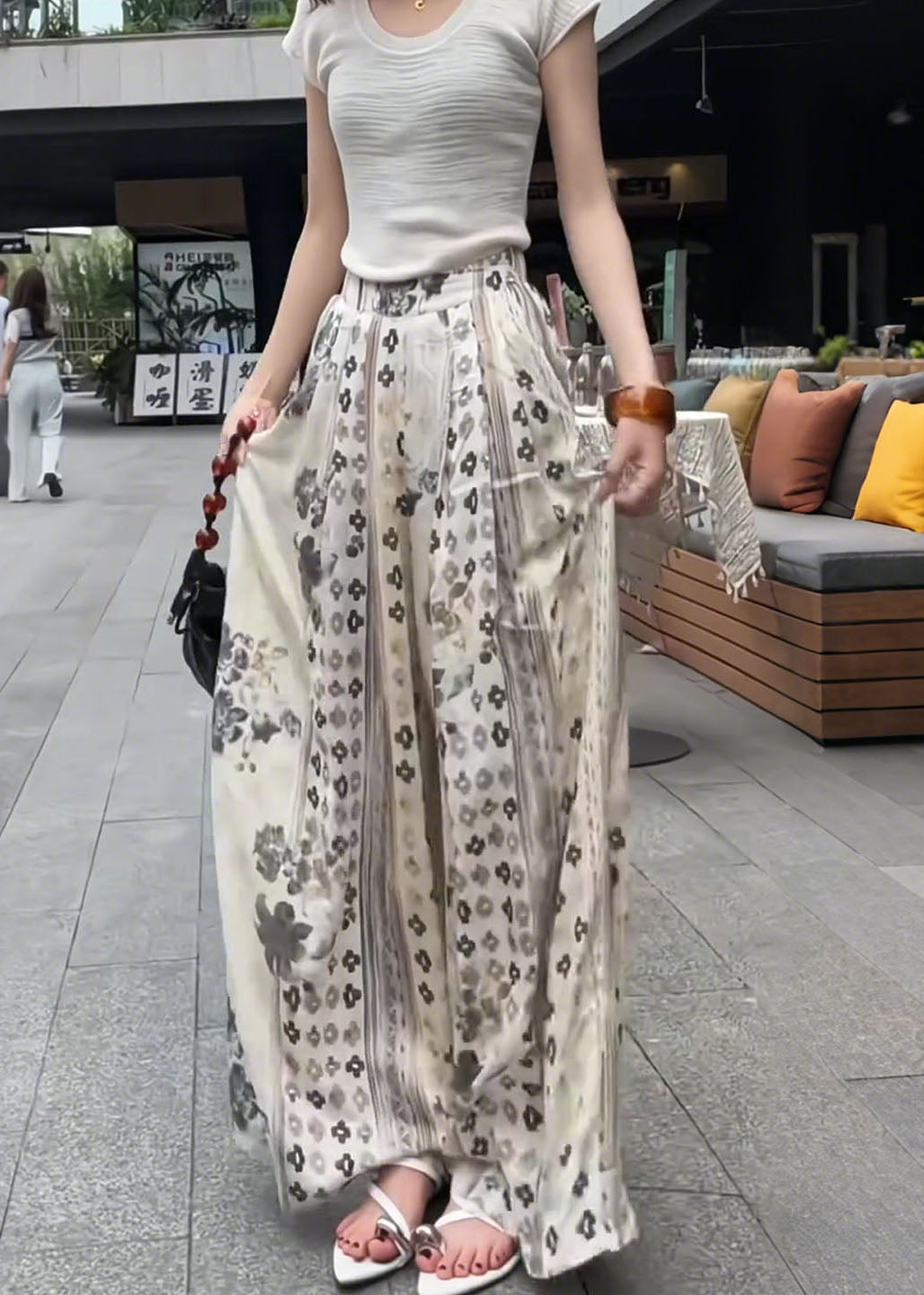 Pink Oversized Print Cotton Wide Leg Pants Fall