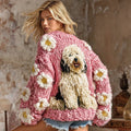 Vintage Fluffy Cute Dogs With Daisy Floral Art Inspired Embroidered Cozy Knit Sweater Cardigan elevenforest