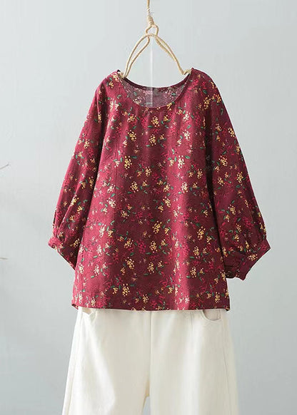 Fitted Blue O-neck Print Shirt Top Long Sleeve