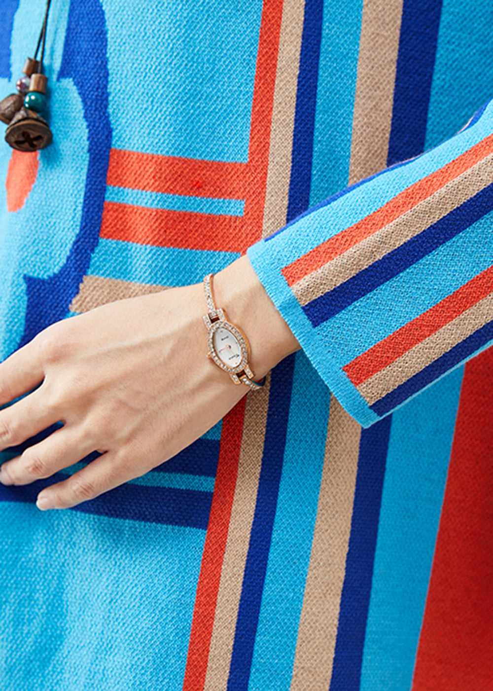 Blue Stand Collar Print Knit a Line Dress Spring