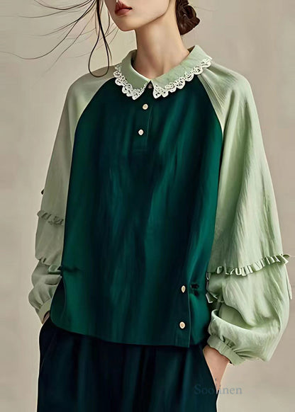 Dull Green Oversized Patchwork Linen Shirts Spring