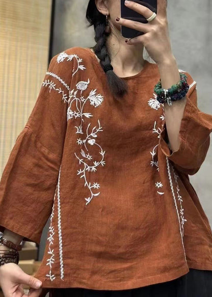 Loose Green Embroideried Low High Design Linen Top Bracelet Sleeve